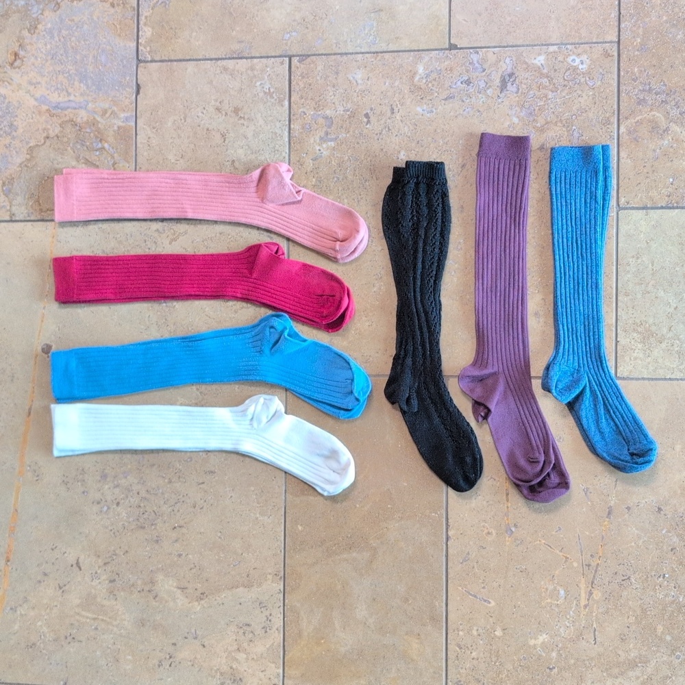 Condor girl socks. Set of 7. Red, blue, black, cream, purple and peach. Size 8.